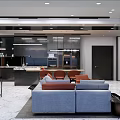 Modern Living Dining Room Interior With Blue Sofa Dining Table And Recessed Lighting