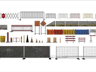 Different Types of Safety Fences with Metal Plastic Construction Barriers and Warning Signs 3d model
