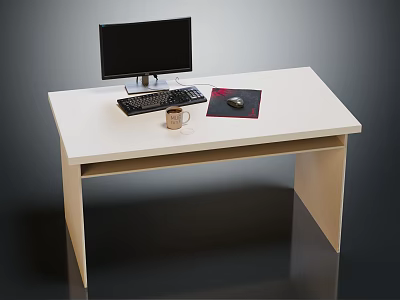 Light Colored Office Desk With Computer Monitor Keyboard Coffee Mug And Mouse Pad 3d model