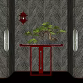 Elegant Red Console Table With Bonsai Tree Red Lantern On Gray Textured Wall Side Lamps 3d model