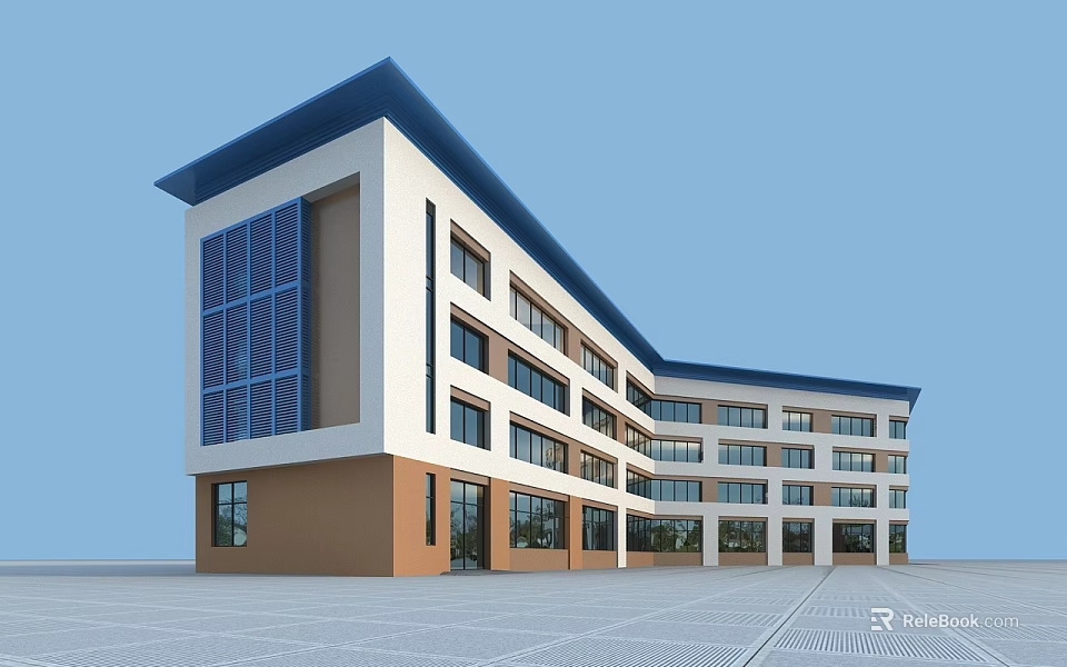 Modern School Building With White Brown Facade Blue Roof Large Windows And Front Open Square 3d model 