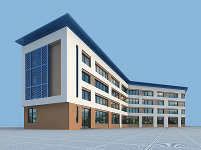Modern School Building With White Brown Facade Blue Roof Large Windows And Front Open Square 3d model