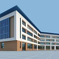 Modern School Building With White Brown Facade Blue Roof Large Windows And Front Open Square