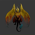 Fantasy Mythical Winged Creature with Golden Red Wings Horned Head And Blue Glowing Tail