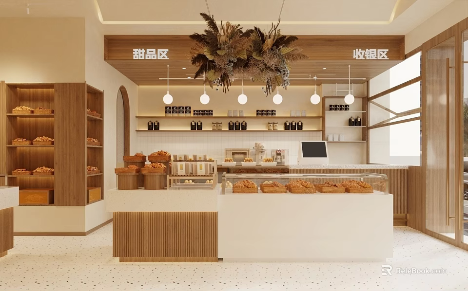 Cozy Café Interior Featuring Fresh Bread Display Counter And Wooden Shelves With Pendant Lights 3d model 