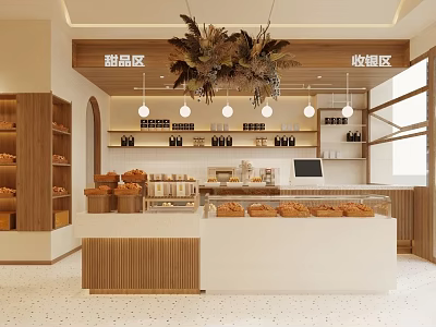 Cozy Café Interior Featuring Fresh Bread Display Counter And Wooden Shelves With Pendant Lights 3d model