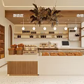 Cozy Café Interior Featuring Fresh Bread Display Counter And Wooden Shelves With Pendant Lights