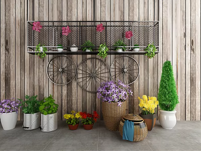 Potted Plants Display With Metal Shelf Pink Flowers And Vintage Wheel Decorations On Wooden Wall 3d model