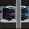 Modern Car Showroom With Two Cars On Platform And Large Background Screen