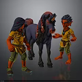 Fantasy Character Scene With Two Red Skinned Figures Purple Unicorn Yellow Shirts Green Pants