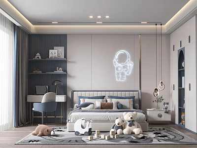 Modern Kids Room Featuring Bed Desk Bookshelves Stuffed Toys Astronaut Wall Decal And Pendant Lights 3d model