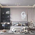 Modern Kids Room Featuring Bed Desk Bookshelves Stuffed Toys Astronaut Wall Decal And Pendant Lights