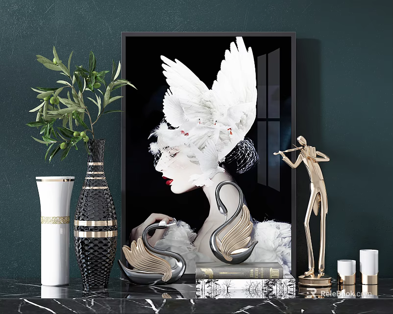 Decorative Ornament Set With Feather Art Painting Vase Green Plant And Golden Flute Figurine 3d model 