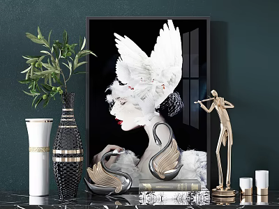 Decorative Ornament Set With Feather Art Painting Vase Green Plant And Golden Flute Figurine 3d model