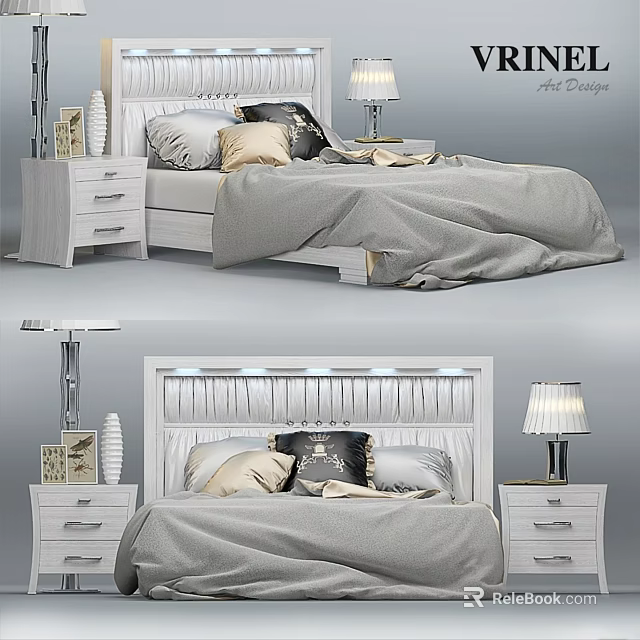 Modern Double Bed With White Headboard Bedside Tables Table Lamps Decorative Pillows And Gray Duvet 3d model 