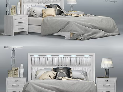 Modern Double Bed With White Headboard Bedside Tables Table Lamps Decorative Pillows And Gray Duvet 3d model
