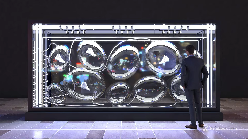 Businessman Viewing Contemporary Commercial Equipment With Silver Spherical Devices In Glass Showcase 3d model 