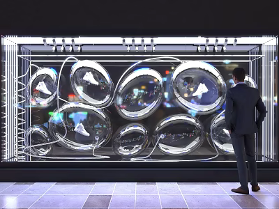 Businessman Viewing Contemporary Commercial Equipment With Silver Spherical Devices In Glass Showcase 3d model