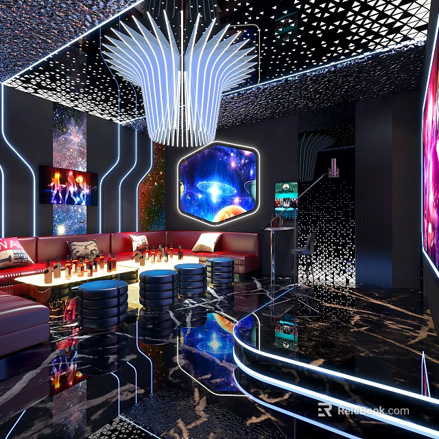 Modern KTV Lounge With Starry Ceiling Neon Lights Bar Counter Large Screen And Sofas 3d model 