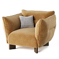 Brown Single Sofa With Teddy Fabric Wide Armrests Dark Wooden Legs And Gray Checkered Pillow