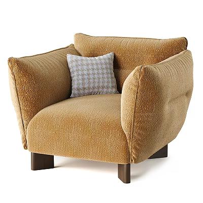 Brown Single Sofa With Teddy Fabric Wide Armrests Dark Wooden Legs And Gray Checkered Pillow 3d model