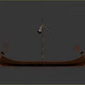 Ancient Wooden Watercraft with Black Sails Carved Figurehead and Multiple Oars