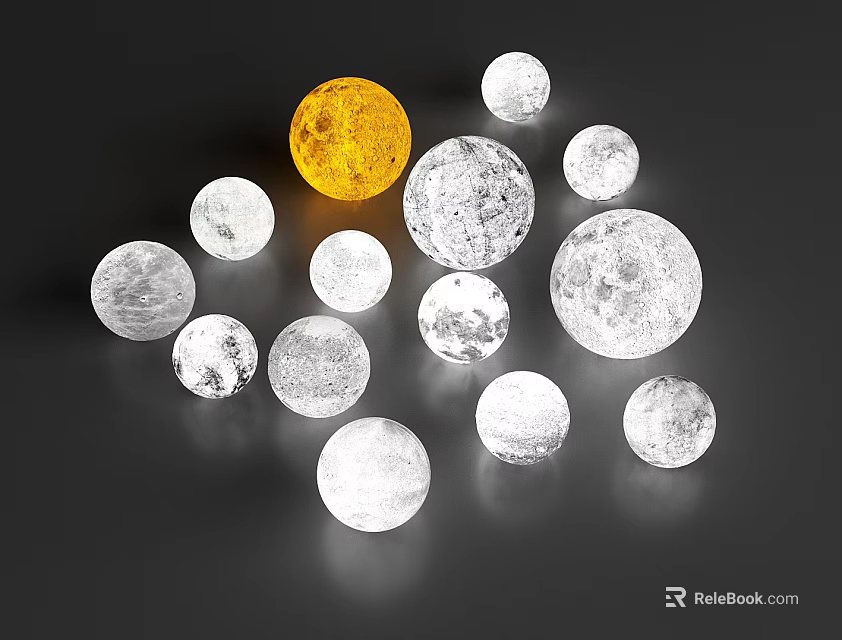 Spherical Decorative Lights With One Yellow And Others White Transparent Lunar Surface Texture 3d model 