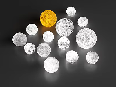 Spherical Decorative Lights With One Yellow And Others White Transparent Lunar Surface Texture 3d model