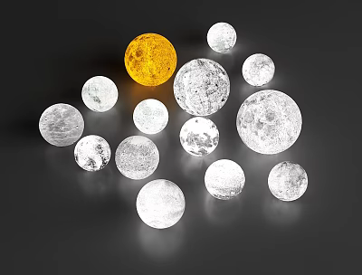 Spherical Decorative Lights With One Yellow And Others White Transparent Lunar Surface Texture 3d model