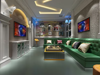 Elegant KTV Interior With Green Chesterfield Sofa Colorful Paintings And Ambient Lighting 3d model