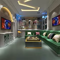 Elegant KTV Interior With Green Chesterfield Sofa Colorful Paintings And Ambient Lighting