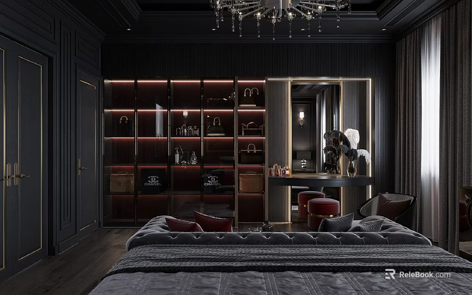 Dark Modern Bedroom Interior Design With Chandelier Wardrobe Dressing Table And Upholstered Bed 3d model 