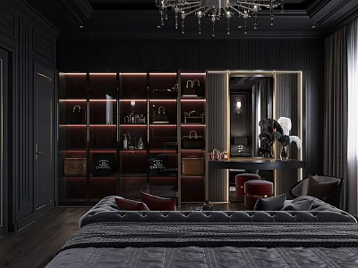 Dark Modern Bedroom Interior Design With Chandelier Wardrobe Dressing Table And Upholstered Bed 3d model