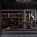 Dark Modern Bedroom Interior Design With Chandelier Wardrobe Dressing Table And Upholstered Bed