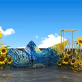Floral Display With Sunflowers White Frame Easel And White Chair Under Blue Sky