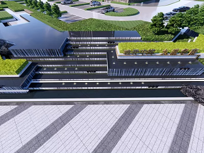 Water Feature Fountain In Modern Architectural Complex With Green Roof And Open Plaza 3d model