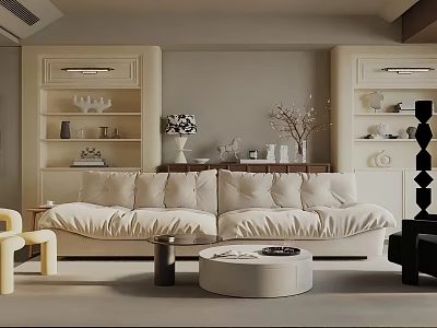 Modern Living Room Interior With Beige Sofa Round Coffee Table Accent Chair And Decorative Shelves 3d model