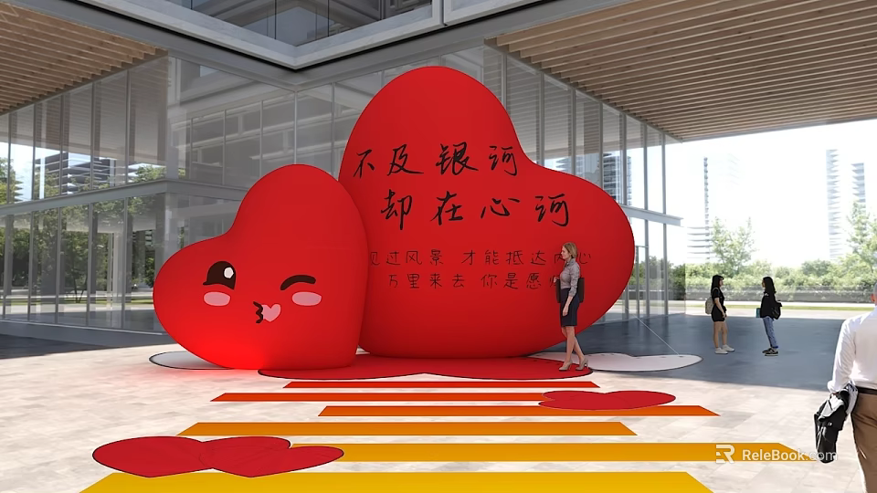 Two Large Red Heart Shaped Inflatables Display Outdoor Modern Building With Red Yellow Ground Patterns 3d model 