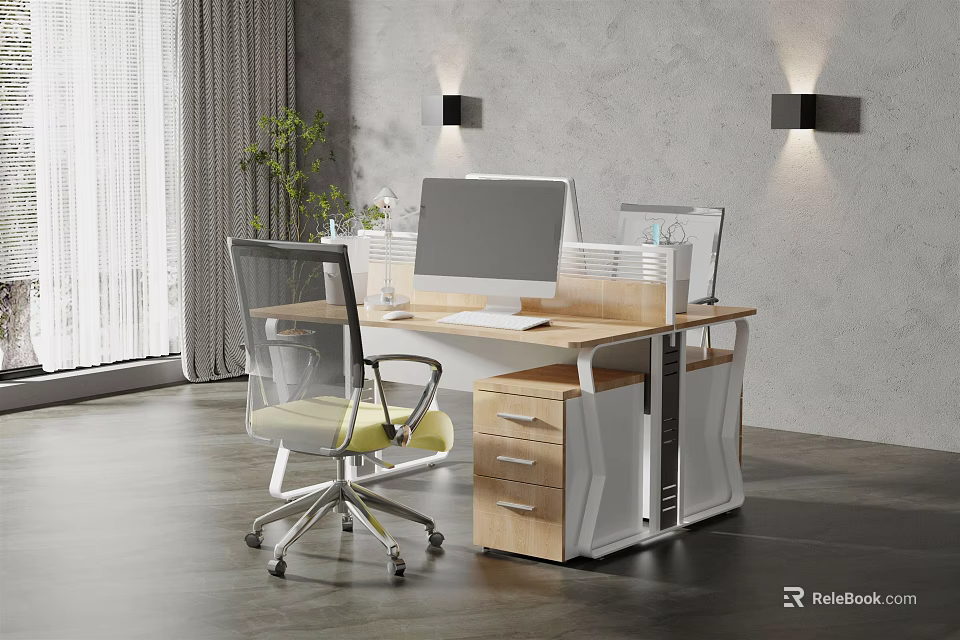 Modern Office Desk With Drawers Wooden White Computer Monitor Ergonomic Chair Green Plant Wall Lamps 3d model 