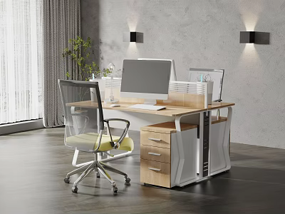 Modern Office Desk With Drawers Wooden White Computer Monitor Ergonomic Chair Green Plant Wall Lamps 3d model