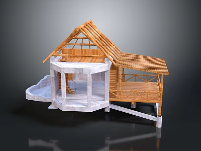 Traditional Architecture With Exposed Wooden Trusses Sloped Roof White Stone Base And Extended Terrace 3d model