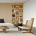 Modern Minimalist Living Room Interior With White Sofa Wooden Coffee Tables And Bookshelves
