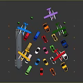 Colorful Toy Cars Display With Toy Planes Trees And Traffic Cones