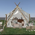 Serene Garden Landscape With Green Grass Camping Tent Wooden Tables Chairs And Blue Car