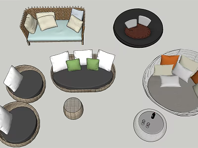 Various Styles Outdoor Sofa with Rattan Design Round Rectangular Shapes and Colorful Cushions 3d model