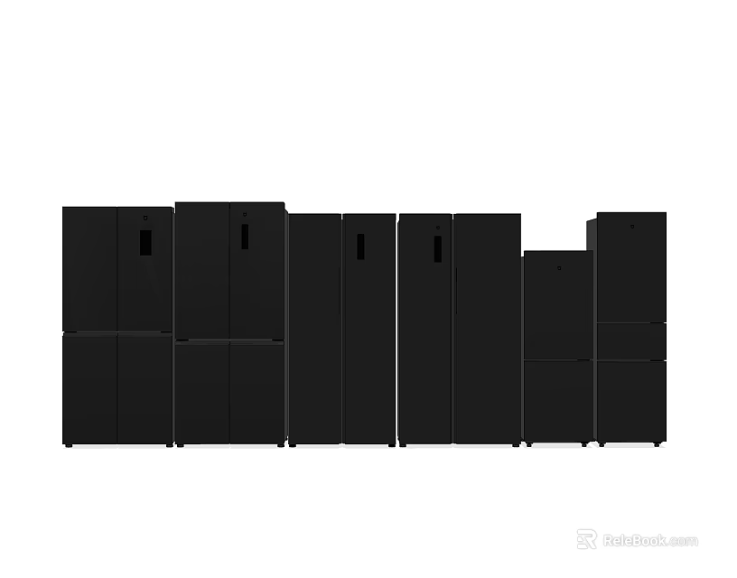 Black Refrigerators and Freezers with Various Models Neatly Arranged in a Row 3d model 