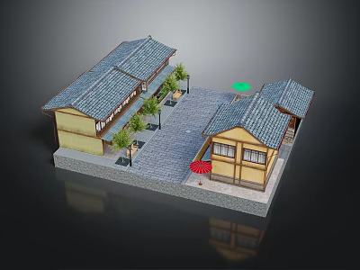 Traditional Architecture With Tile Roof Yellow Walls Courtyard Stone Path and Trees 3d model