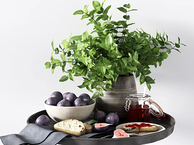 Fresh Purple Plums on Black Tray with Green Leaves Vase Glass Jar Jam Sliced Fruit 3d model