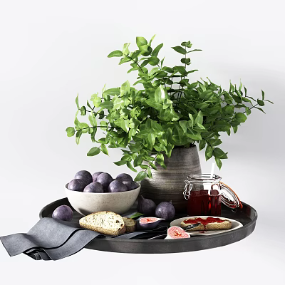Fresh Purple Plums on Black Tray with Green Leaves Vase Glass Jar Jam Sliced Fruit 3d model