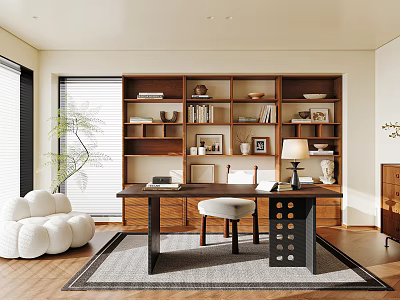 Modern Study Room Interior Design With Wooden Bookshelf Desk White Chair And Green Plant 3d model